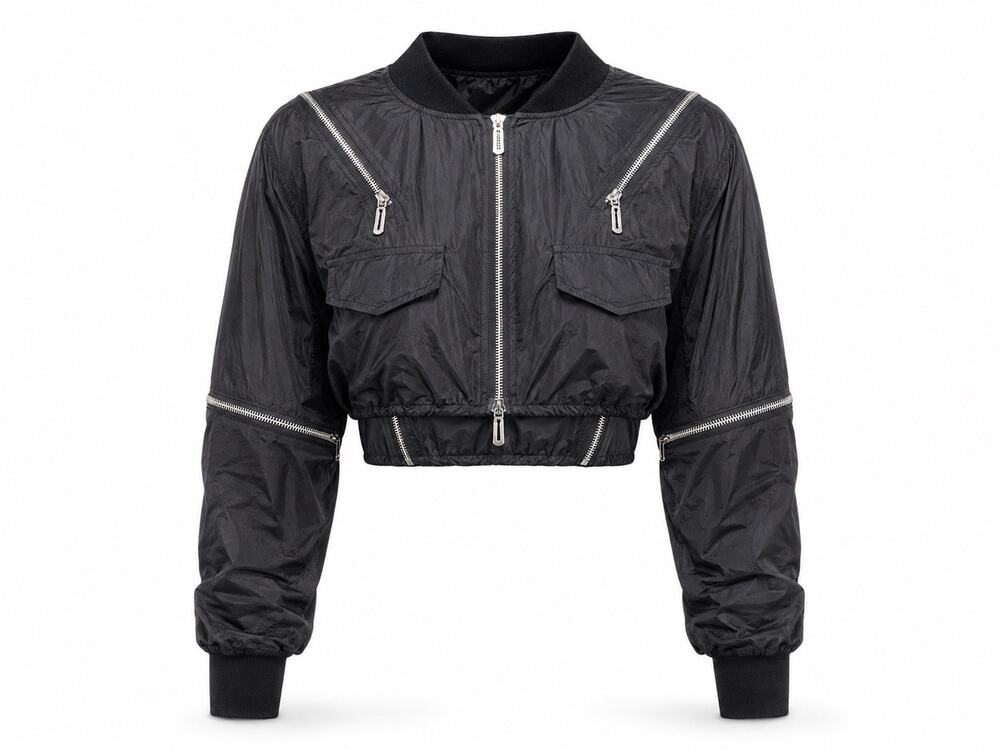 Fashion Nova Women’s Small Black Cropped Nylon Utility Bomber Jacket Zip Detail